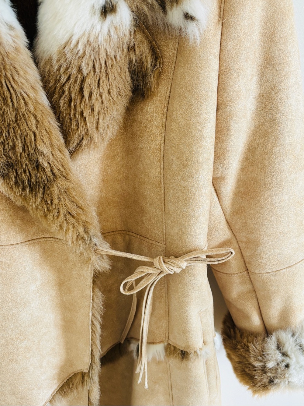 Vintage Faux Fur Trim Full Length Coat Western Boho Mob Wife Tan Beige Medium - Picture 10 of 15
